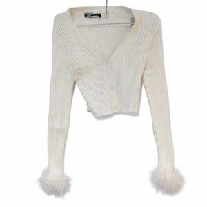 SHEIN white Cardigan with Faux Fur Cuffs